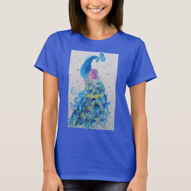 T-shirt Peacock bleu Peacock Aquarelle peinture Femme (Devant)