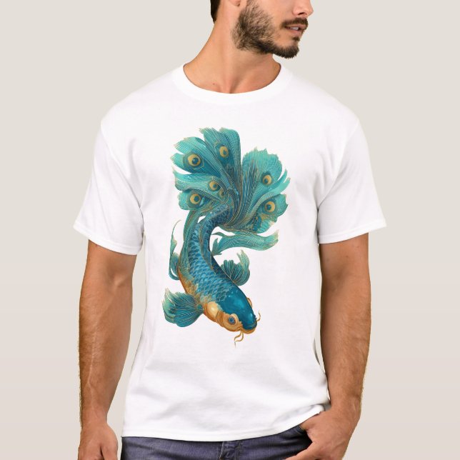 T-shirt Peacock fin koi en turquoise et or (Devant)