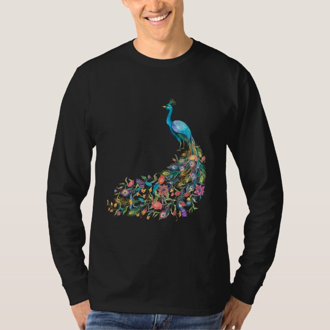 T-shirt Peacock Graphic Blue Teal Floral Tail Feathers Bir (Devant)