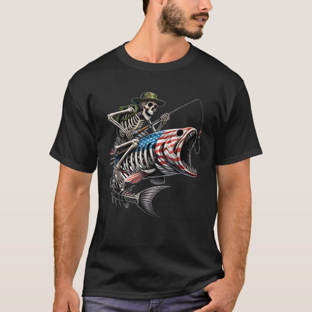 T-shirt Pêche American Flag Bass Poisson Skeleton Fis (Devant)
