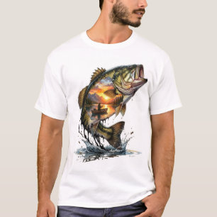 T-shirt Pêche au Bass Coucher de Soleil Double Exposition
