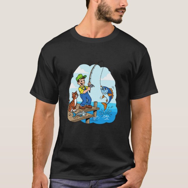T-shirt Pêche avec un chat près de la jetée (Devant)