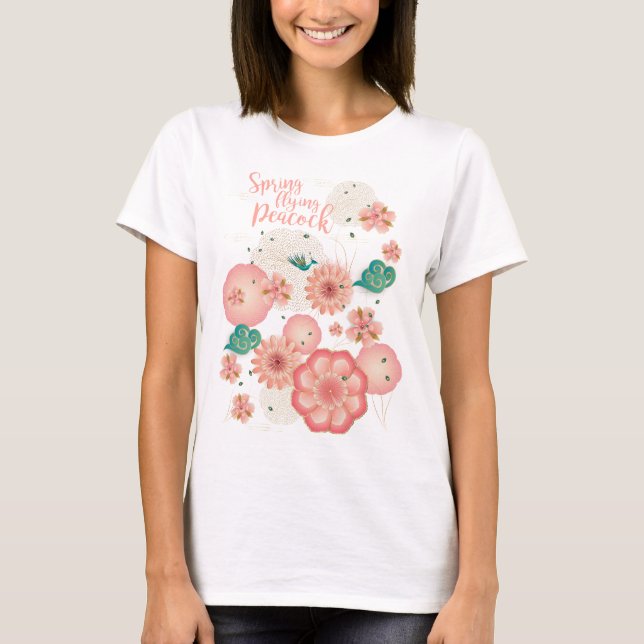 T-shirt Pêche de printemps Jardin volant Peacock Ornement  (Devant)