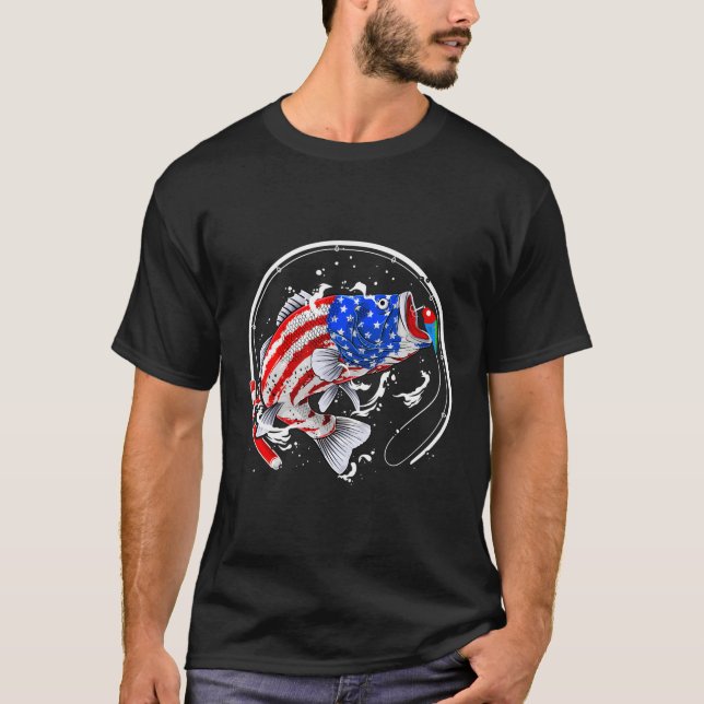 T-shirt Pêche Poisson Drapeau Américain Père Quatrième 4E (Devant)