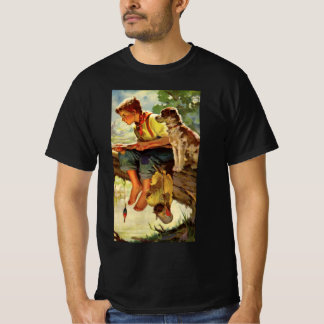 T-shirt Pêche vintage, garçon avec son chiot et des vers