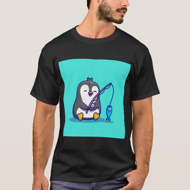T-shirt Pêcheur pingouin Canne à pêche Poisson (Devant)