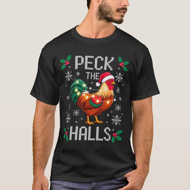 T-shirt Peck The Halls Chicken Christmas Lights Snowflakes (Devant)