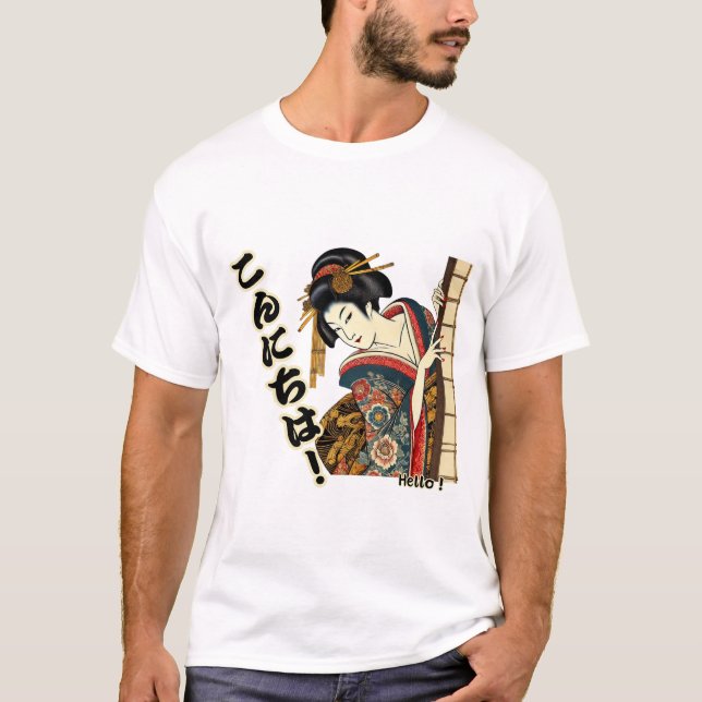 T-shirt Peeking Ukiyo-e geisha - Konnichiwa! (Devant)