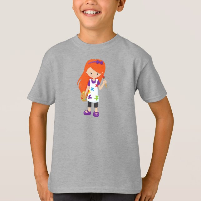 T-shirt Peintre, Peintre, Mignonne fille, Cheveux orange (Devant)