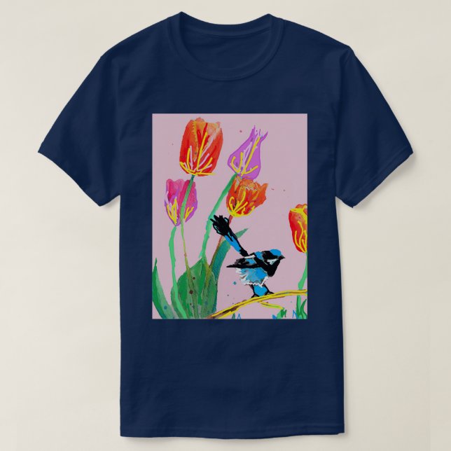 T-shirt Peinture Abstraite en toile bleue et tulipes sur u (Design devant)