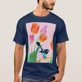 T-shirt Peinture Abstraite en toile bleue et tulipes sur u