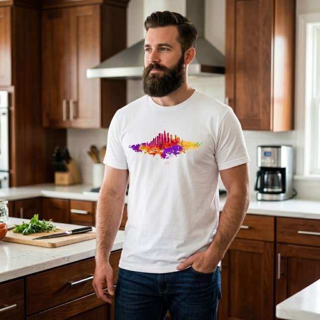 T-shirt Peinture aquarelle de la skyline de Chicago sur fo (Chicago Skyline Watercolor Art on White Background. Men Basic White T-Shirt)