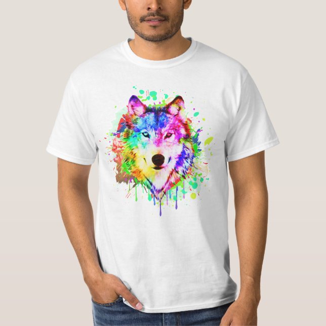 T-shirt Peinture colorée Splash Wolf Art (Devant)