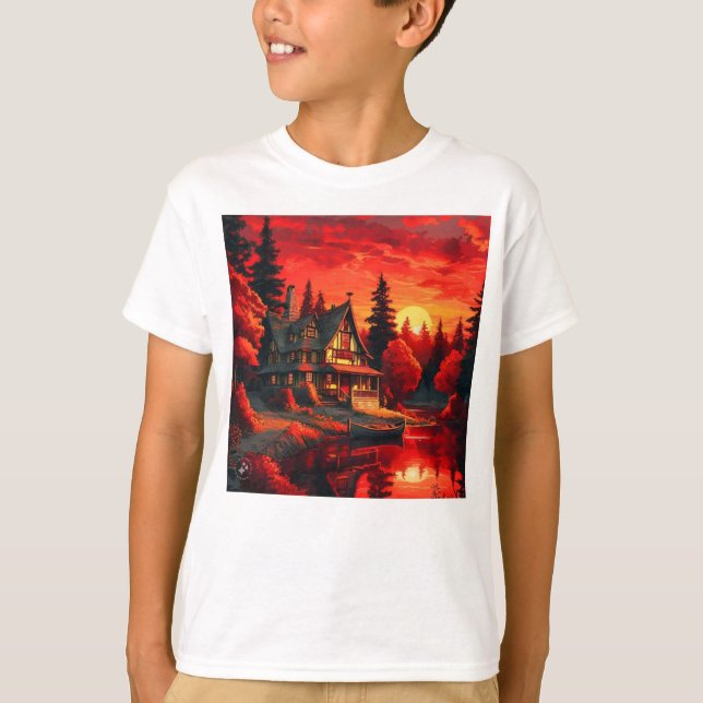 T-shirt Peinture coucher de soleil avec chalet et lac-6663 (Devant)