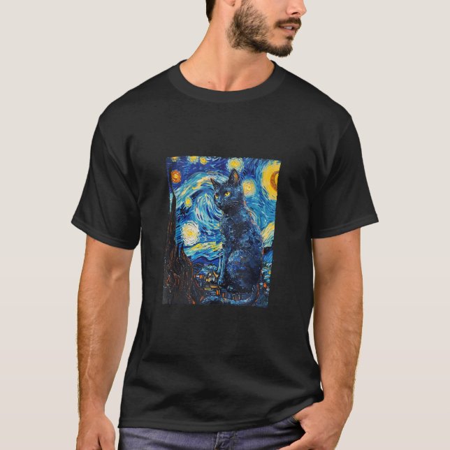 T-shirt Peinture de chat bleu russe Art Starry Night Van G (Devant)