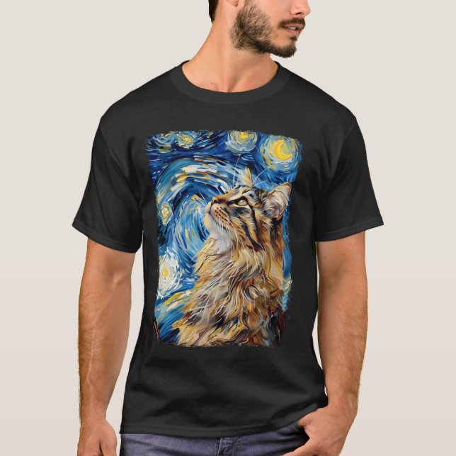 T-shirt Peinture de chat Maine Coon Nuit étoilée (Devant)
