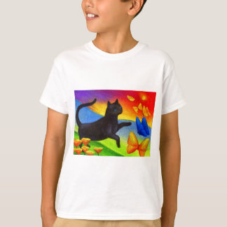 T-shirt Peinture de chat noir Papillons Art - Multi