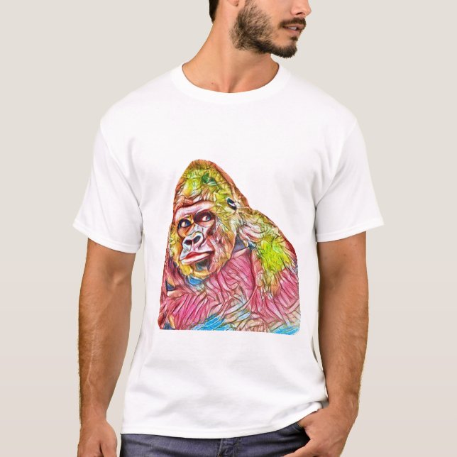 T-shirt Peinture de Gorilla rose bleu jaune (Devant)