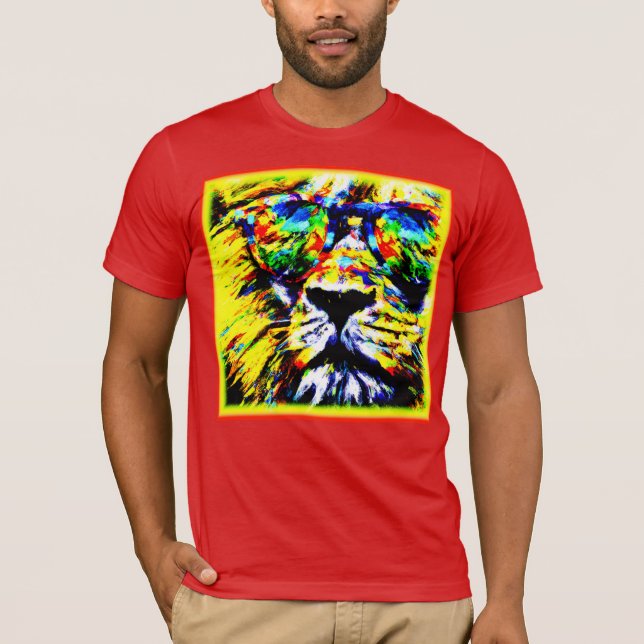 T-shirt Peinture de Lion avec lunettes Arc-en-ciel. Comman (Devant)
