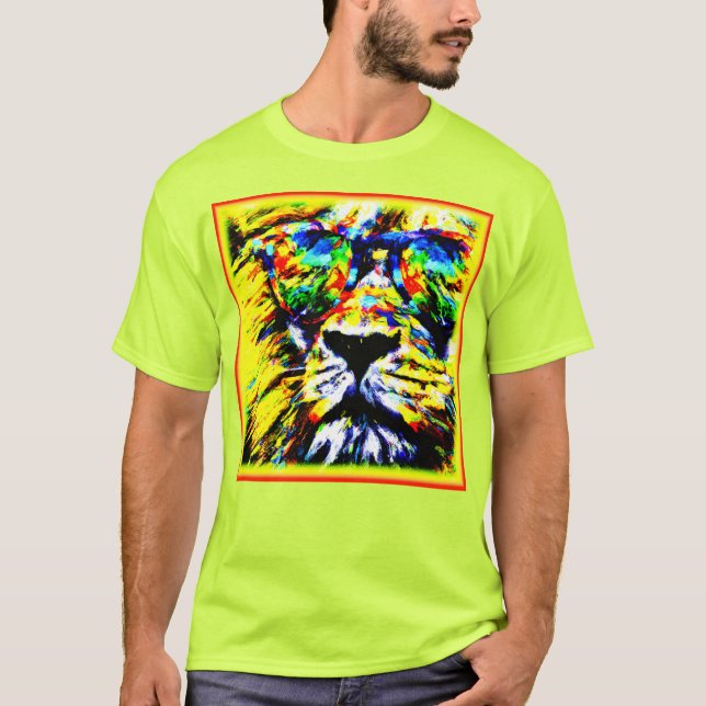 T-shirt Peinture de Lion avec lunettes Arc-en-ciel. Comman (Devant)
