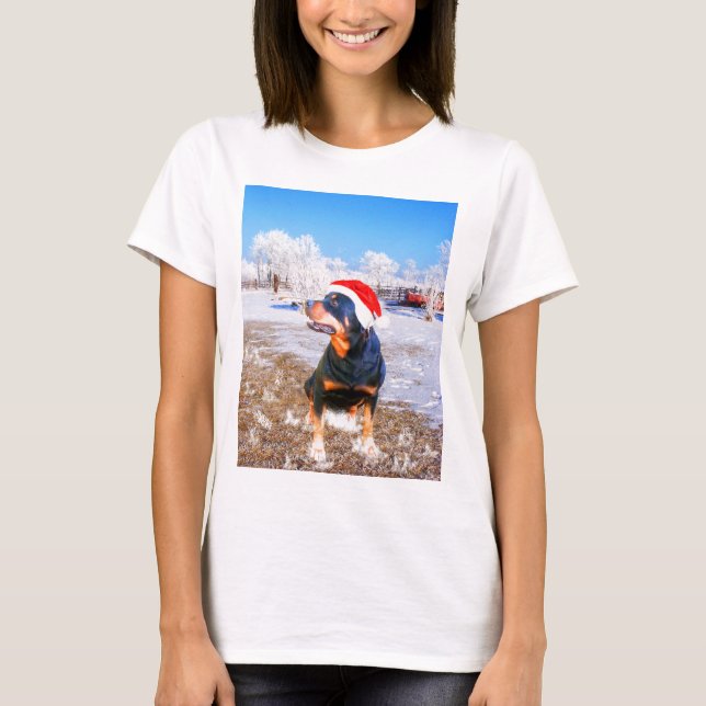 T-shirt Peinture de Noël de chien Rottweiler (Devant)