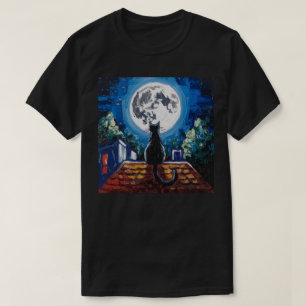 T-shirt Peinture de nuit de pleine lune au chat noir