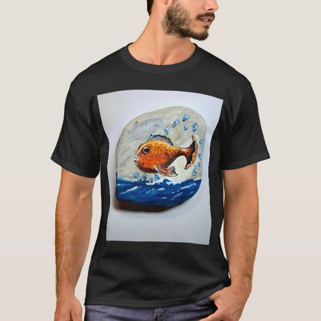 T-shirt Peinture de pierre de poisson orange heureux – Cut (Devant)