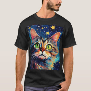 T-shirt Peinture d'un chat aux yeux verts avec étoiles