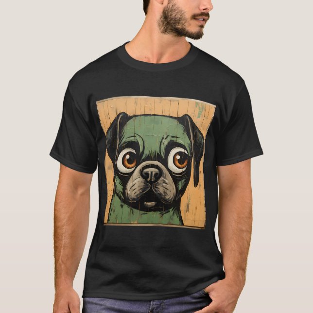 T-shirt Peinture mignonne de Pug sur bois (Devant)