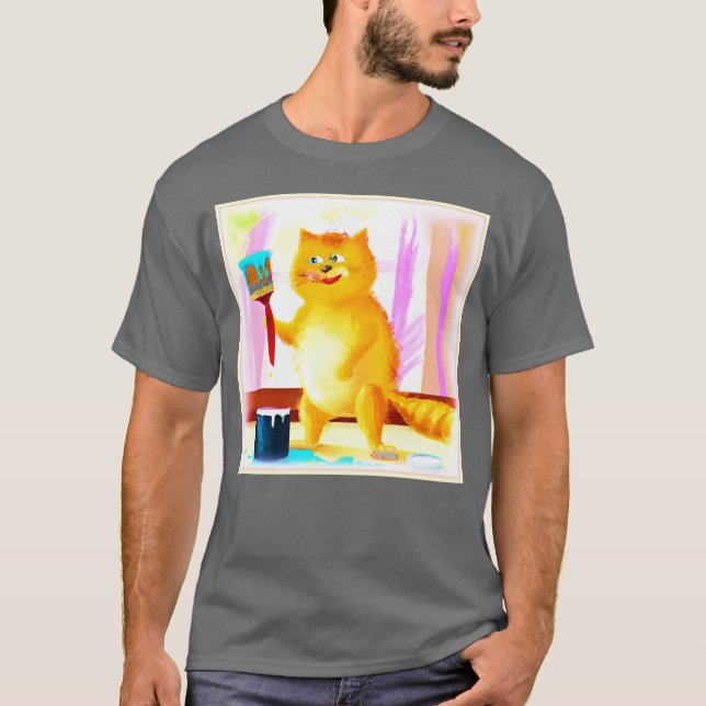 T-shirt Peinture Mignonne D'Un Chat Tenant Une Brosse. Com (Devant)