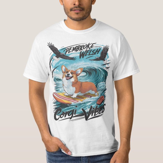 T-shirt Pembroke Welsh Corgi Surfer Sur Le Rider Wave (Devant)