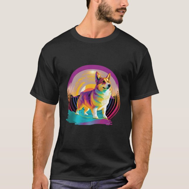 T-shirt Pembroke Welsh Corgi Synthwave 80s Retrowave Esthé (Devant)