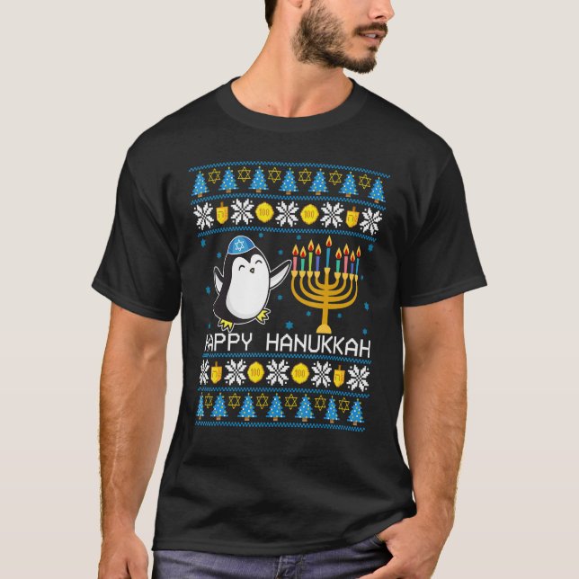 T-shirt Pengouin Pull Ugly de Hanukkah Vêtements Juifs Cha (Devant)