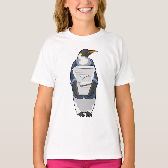 T-shirt Penguin comme secrétaire avec pile de papier (Devant)