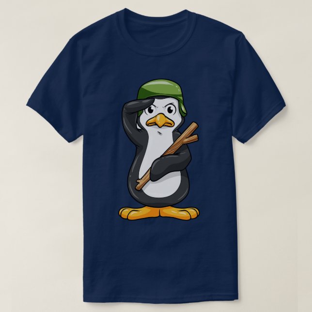 T-shirt Penguin comme soldat avec casque et salut militair (Design devant)