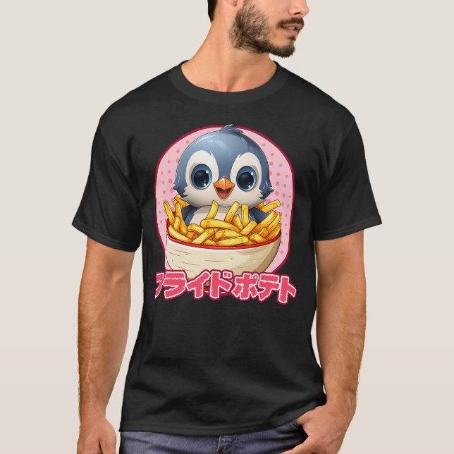 T-shirt Penguin Eating French Fries Kawaii Penguin Anime T (Devant)
