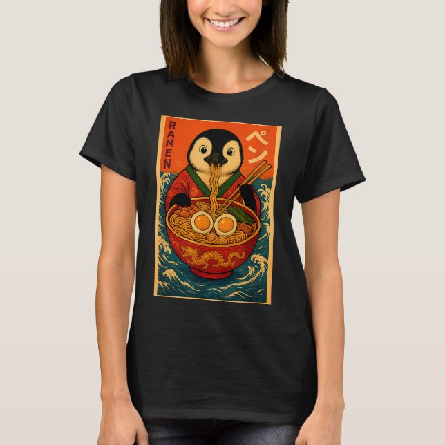 T-shirt Penguin Eating Ramen Japanese Noodles Funny  (Devant)