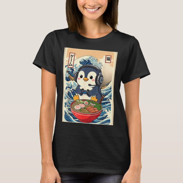 T-shirt Penguin Kawaii Japanese Ramen Noodle Retro Gaming  (Devant)