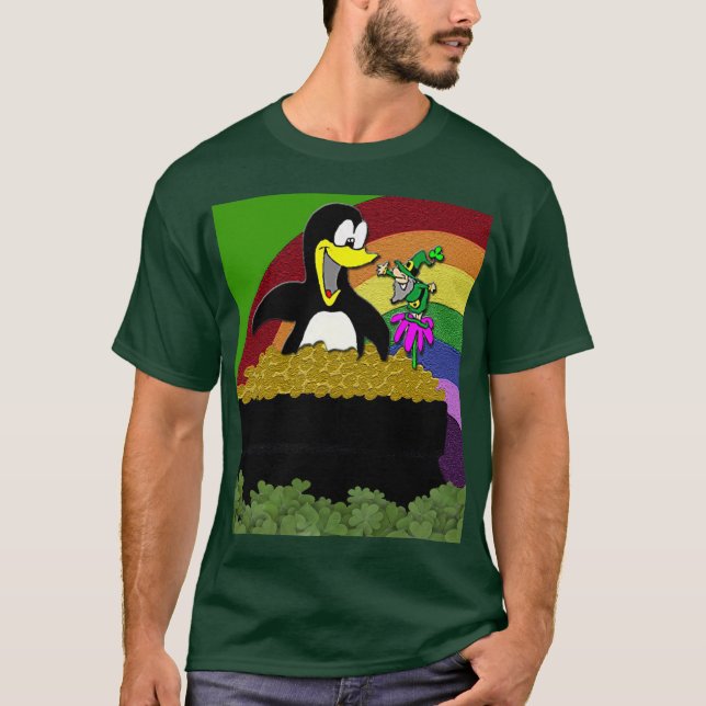 T-shirt Penguin, Leprechaun, Gold et Rainbow (Devant)