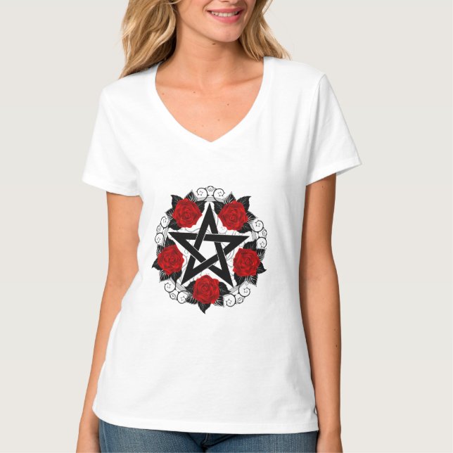 T-shirt Pentagramme aux roses rouges (Devant)
