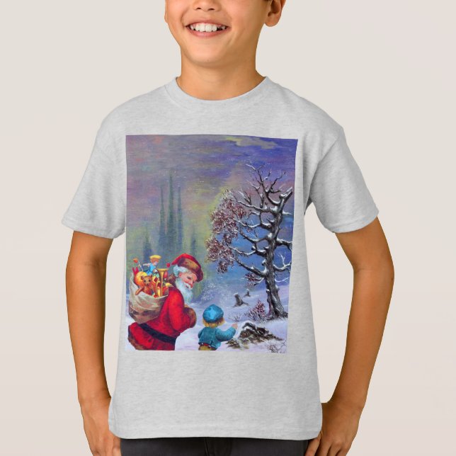T-SHIRT PÈRE NOËL AVEC ENFANT DANS LA NEIGE D'HIVER (Devant)