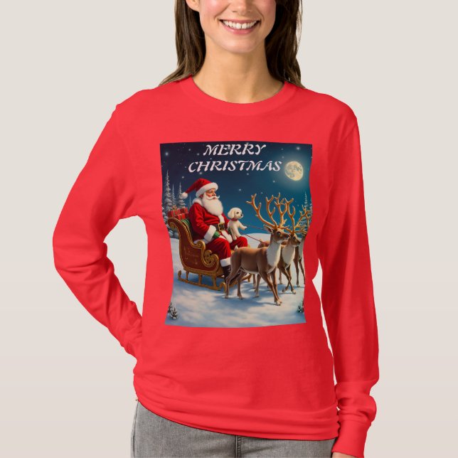 T-shirt Père Noël avec un petit chiot blanc (Devant)