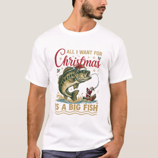 T-shirt Père Noël Bateau Pêche Bass Grand Poisson de Noël