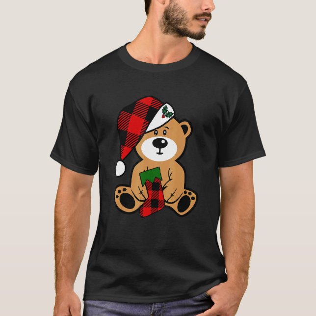 T-shirt Père Noël Bear Buffalo Plaid Stocker Et Casquette  (Devant)