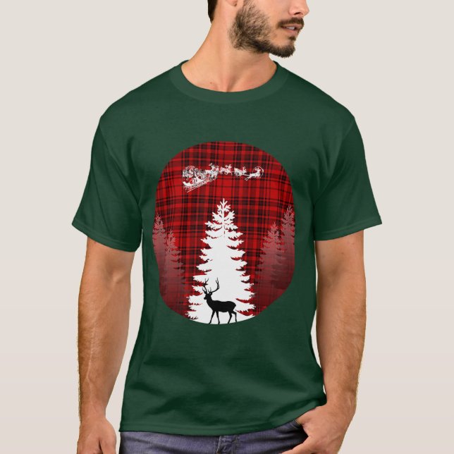 T-shirt père Noël cerf de Noël arbre rouge à damiers plaid (Devant)