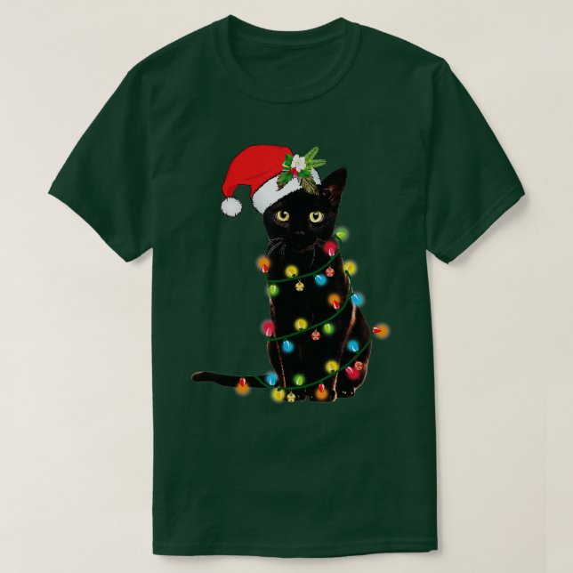 T-shirt Père Noël Chat Noir Tangé Dans La Lumière De L'Arb (Design devant)