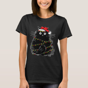 T-shirt Père Noël Chat Noir Tangé Dans La Lumière De L'Arb