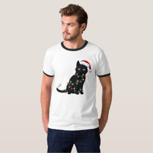 T-shirt Père Noël Chat Noir Tangé Dans La Lumière De L'Arb