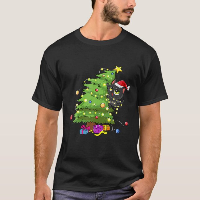 T-shirt Père Noël Chat Noir Tangé Dans La Lumière De L'Arb (Devant)