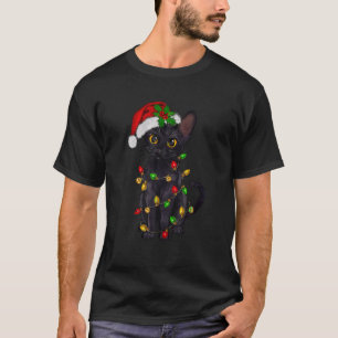 T-shirt Père Noël Chat Noir Tangé Dans La Lumière De L'Arb
